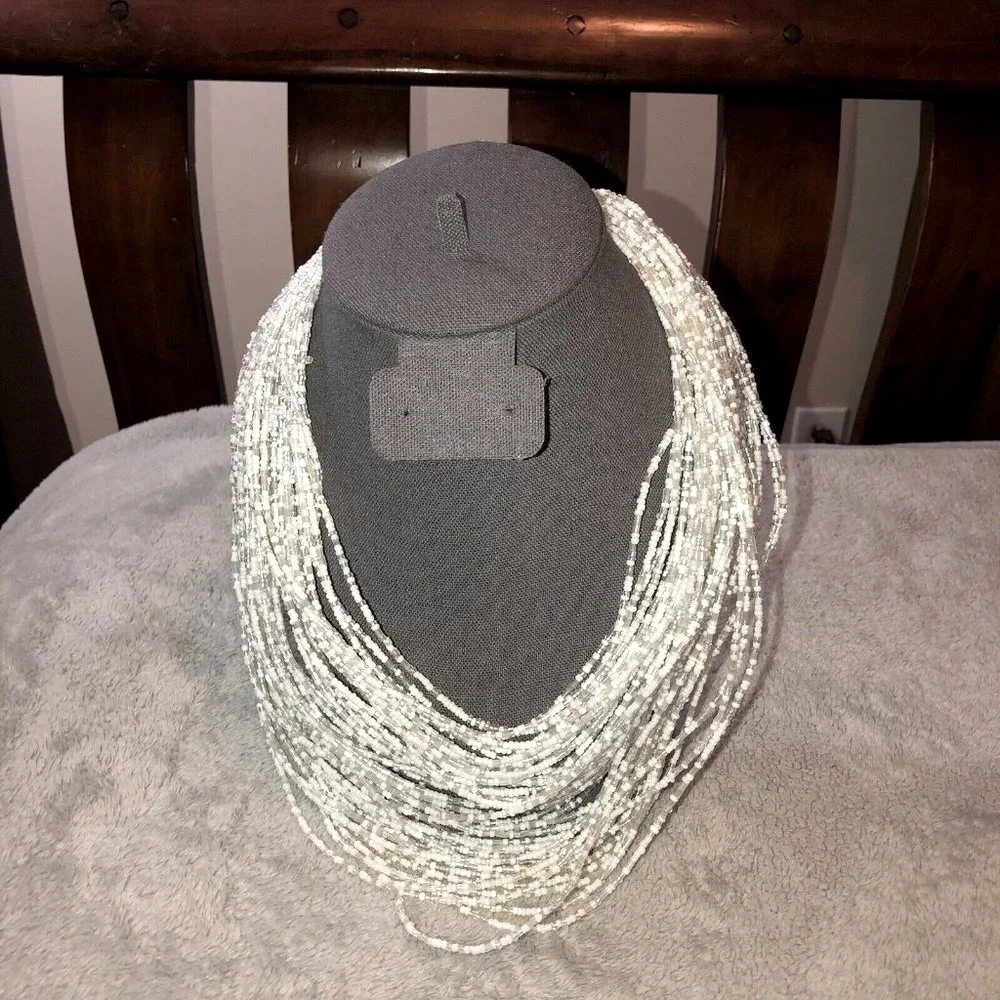 MULTI STRAND White Pearlized BEAD Layered NECKLACE Beautiful